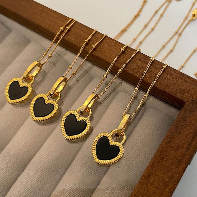 Black and White Heart Necklace in Gold