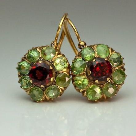 Rounded green and red crystal earrings