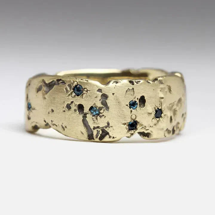 Vintage Golden Forged Ring with Blue Inlay Crystal