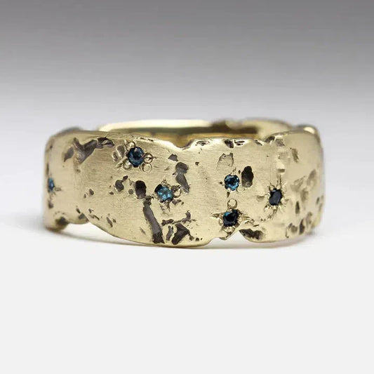 Vintage Golden Forged Ring with Blue Inlay Crystal