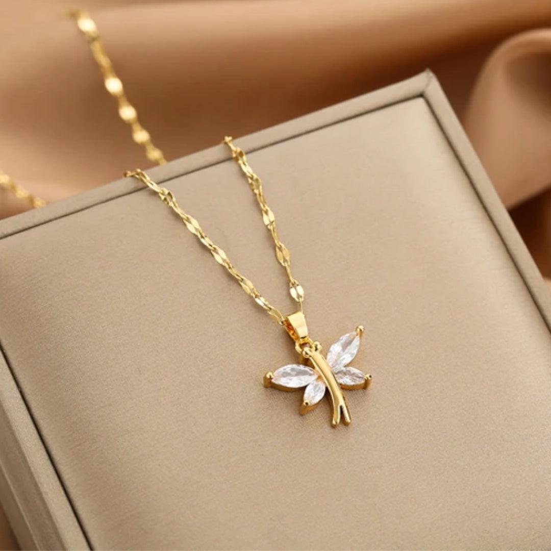 Crystal Dragonfly Necklace in Gold