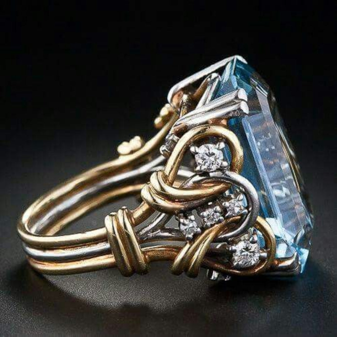 Vintage blue zirconia layered gold ring