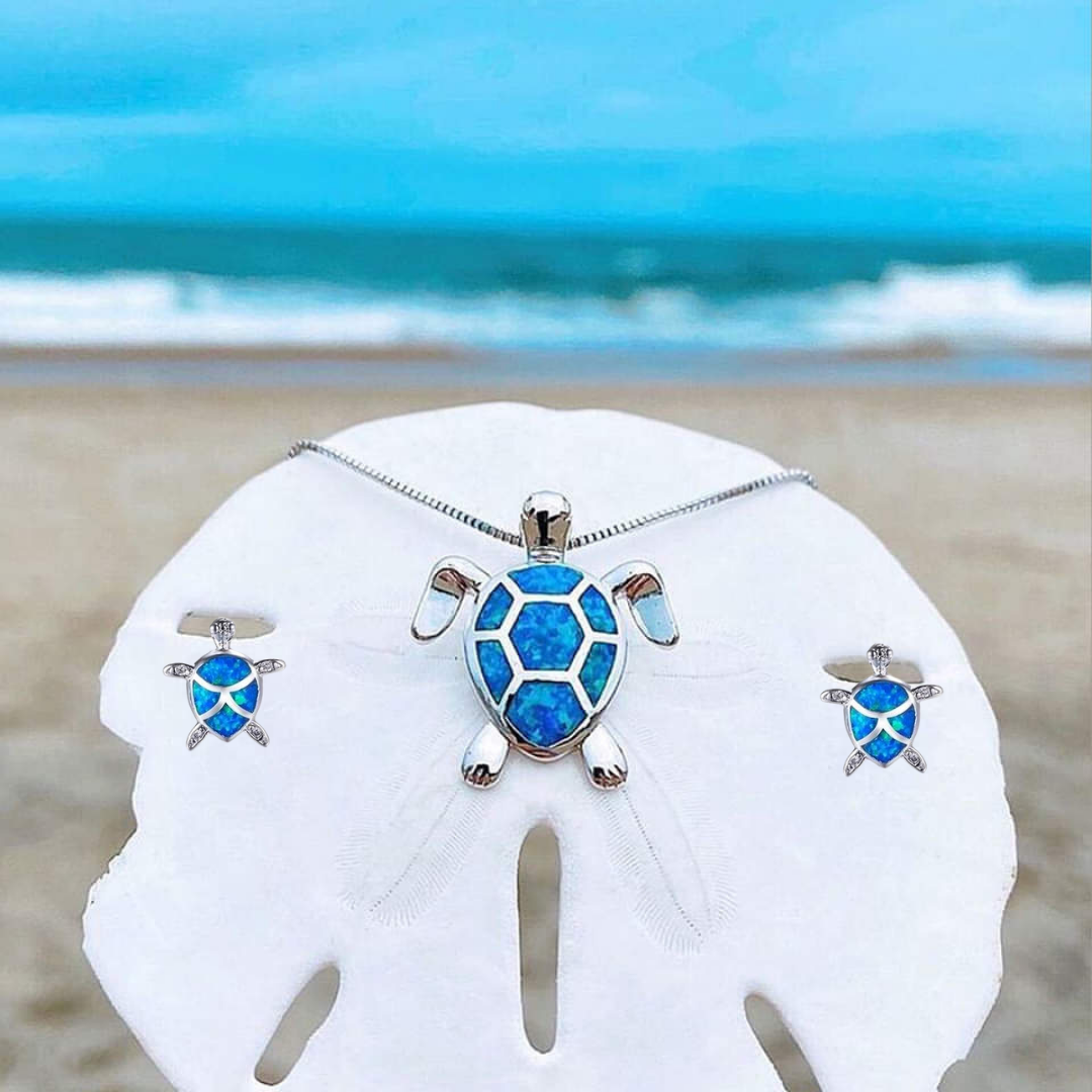 Sea Turtle Necklace + Earrings Set made of Opal and Silver