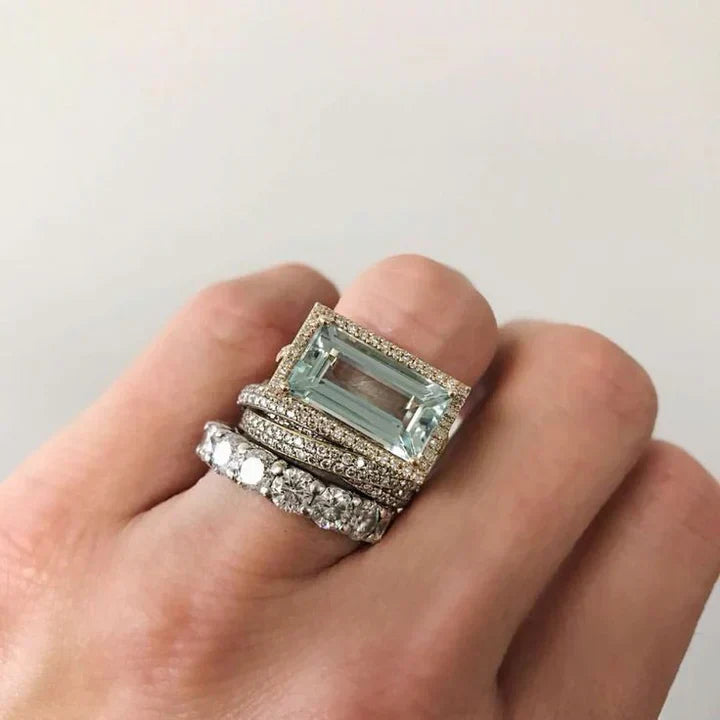 Vintage silver turquoise glass ring set