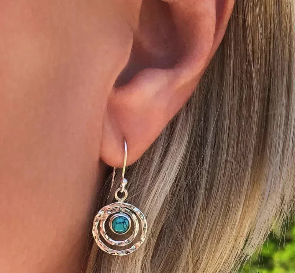 Boho saturn earrings with turquoise stone in silver and gold