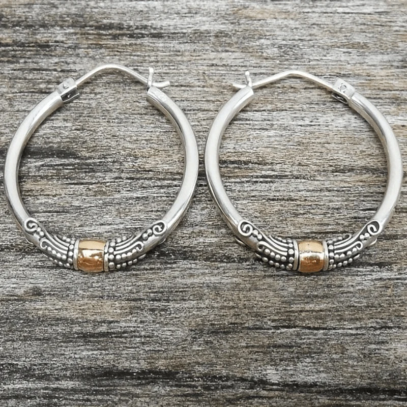 Vintage Silver Carved Pattern Hoop Earrings