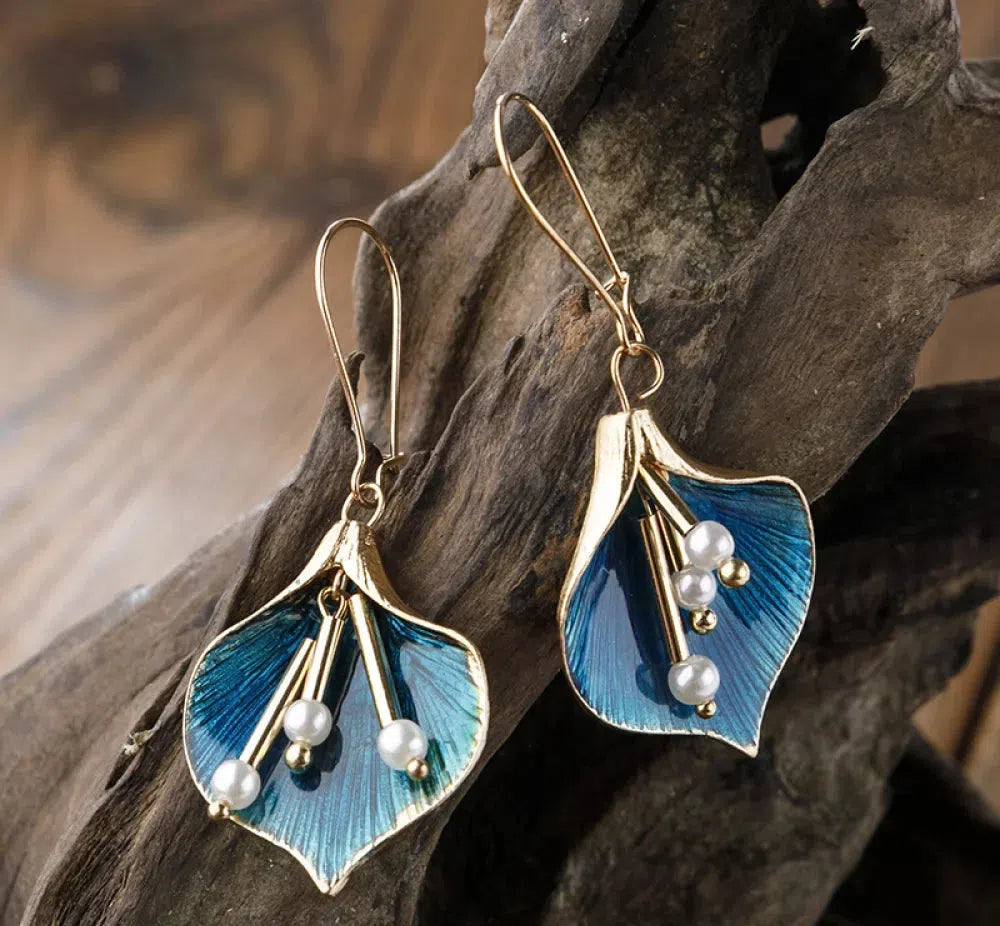 Vintage blue lotus silver earrings